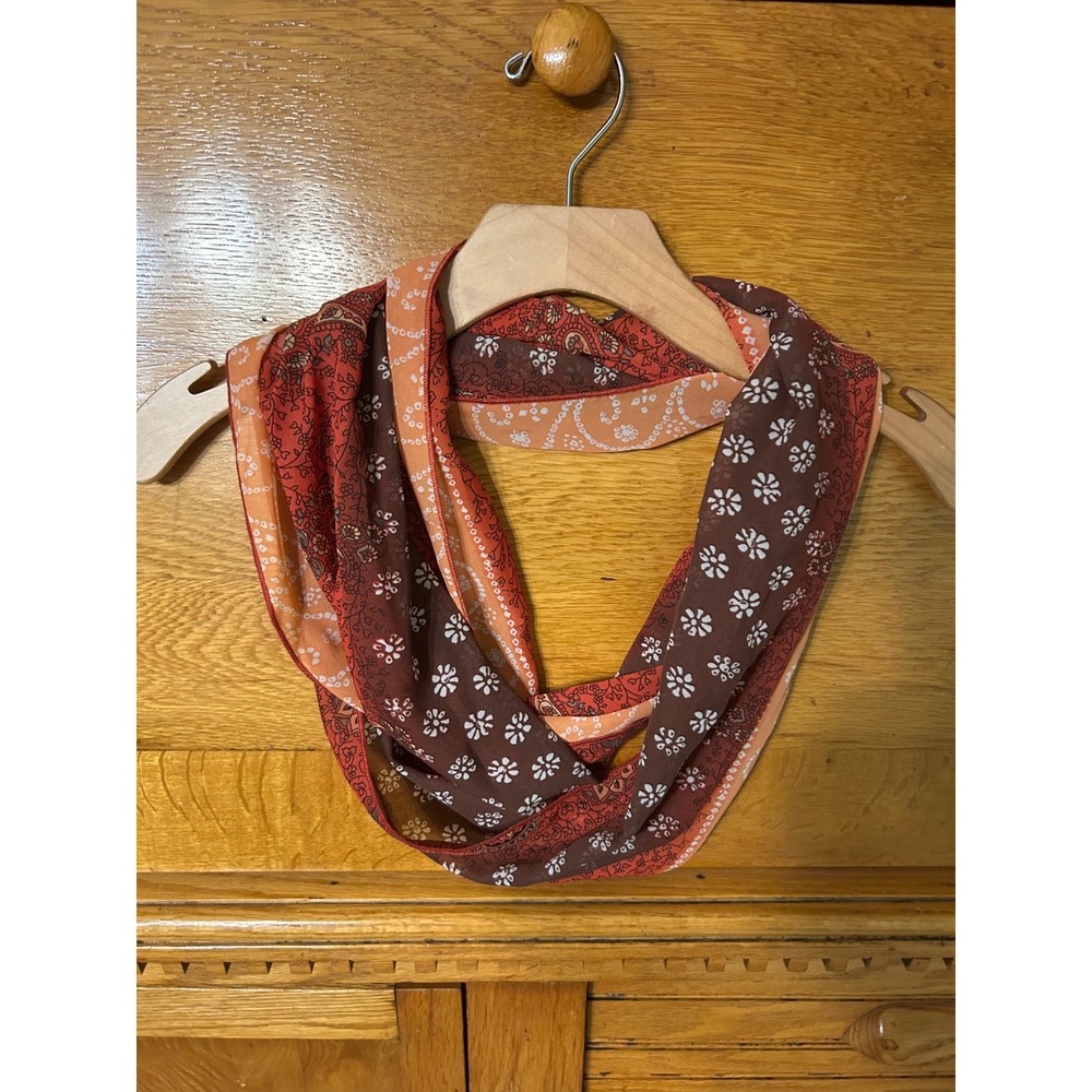 Boho Chic Paisley Floral Infinity Scarf Rust Orange Brown Multi Print Sheer Loop